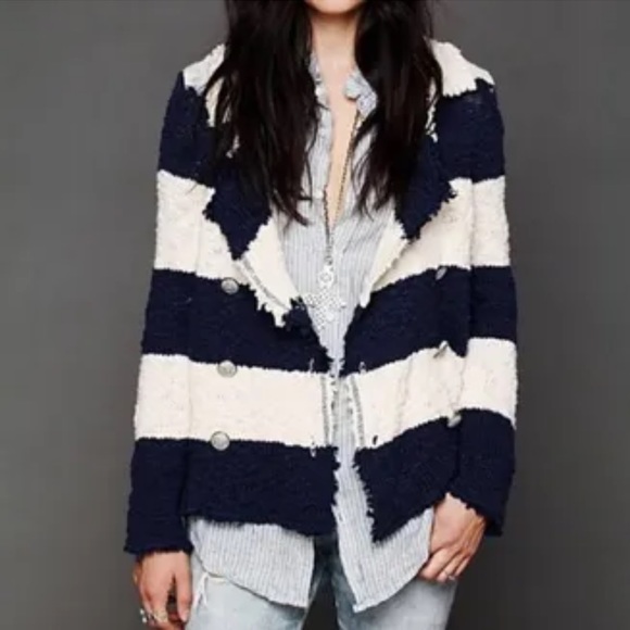 FREE PEOPLE Coat of Arms Jacket Cardigan Sweater Nautical Navy Ivory Coatigan - Picture 12 of 13